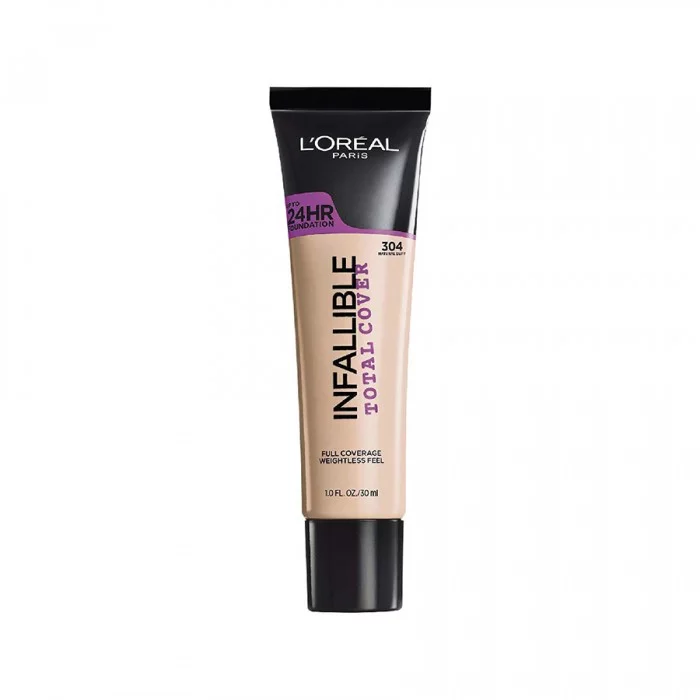 LOreal Infallible Full Cover Foundation 304 -Discover a pro-inspired full coverage foundation that lasts up to 24 hours. -Full coverage foundation blends instantly to cover dark spots, blemishes, scars, and hyperpigment | Veela Beauty LOreal Infallible Full Cover Foundation 304 | فييلا