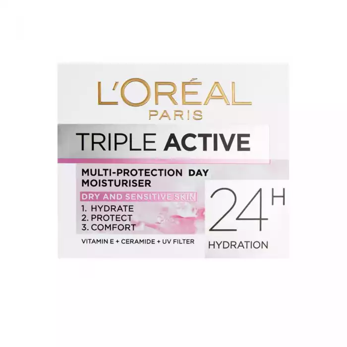 Hydrate and protect your skin with LOréal Paris Triple Active day cream for dry and sensitive skin. This daily moisturizer offers long-lasting hydration and improves the skins ability to retain water. Enriched with vit | Veela Beauty Hydrate and protect your skin with LOréal Paris Triple