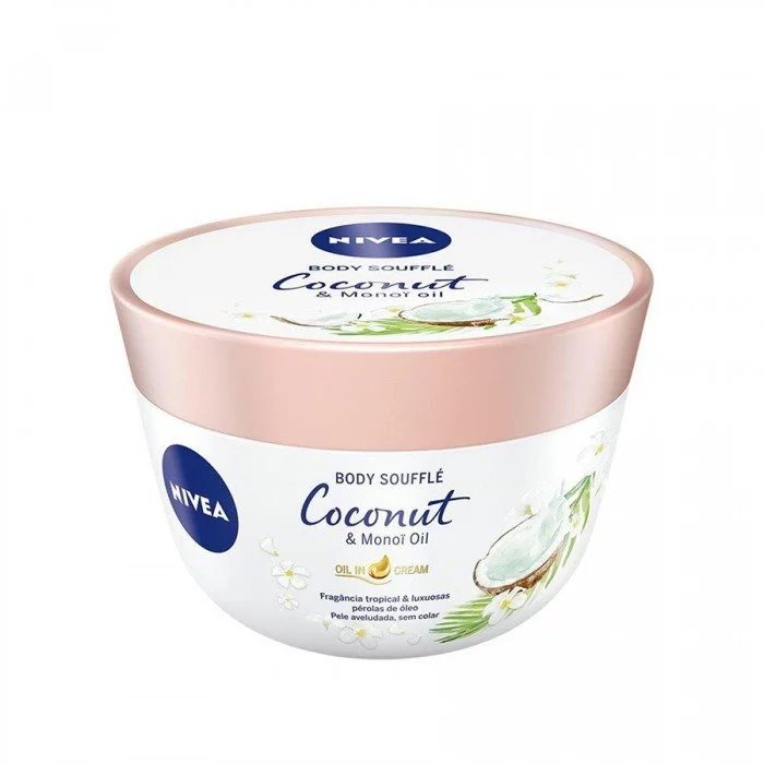 Nivea Body Soufflé Coconut & Monoi Oil عبارة عن سوفليه للجسم مملوء بزيت Monoi لا يشعر بالدهون على بشرتك.في كريم الجسم هذا ، زيت مونوي غني برائحة جوز الهند الاستوائية ولآلئ الزيت الفاخرة.من دواعي سروري تطبيق الكريم المن | فييلا بيوتي Nivea Body Soufflé Coconut & Monoi Oil عبارة عن