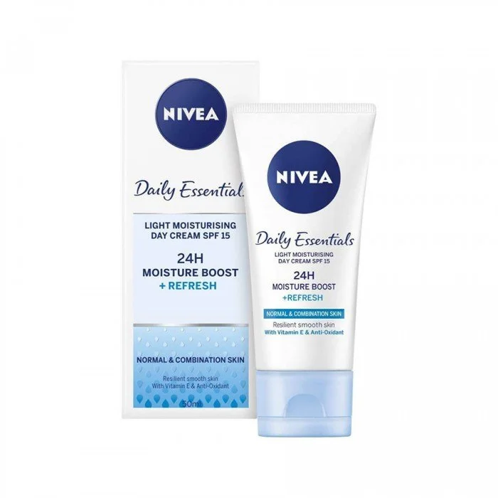 Nivea Light Moisturising Day Cream 50ml.Daily Essentials light moisturising day cream for normal and combination skin.Moisturises and protects for a fresh skin feeling. With vitamins and natural lotus extract. SPF15. | Veela Beauty Nivea Light Moisturising Day Cream 50ml | فييلا