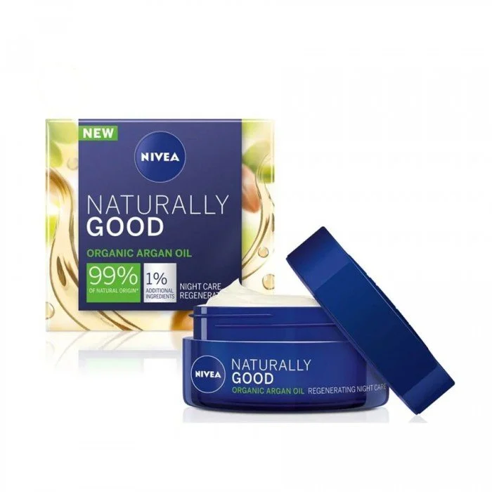 كريم Nivea Naturally Good Night 50 ملمصنوع من 99٪ من مكونات طبيعية المنشأ.يوفر شفافية بنسبة 100٪ لك وللبشرتك.تركيبة العناية بزيت الأرغان العضوي الغني تدعم تجديد البشرة طوال الليل للحصول على بشرة نضرة ومنتعشة في الصباح | فييلا بيوتي كريم Nivea Naturally Good Night 50 ملمصنوع من