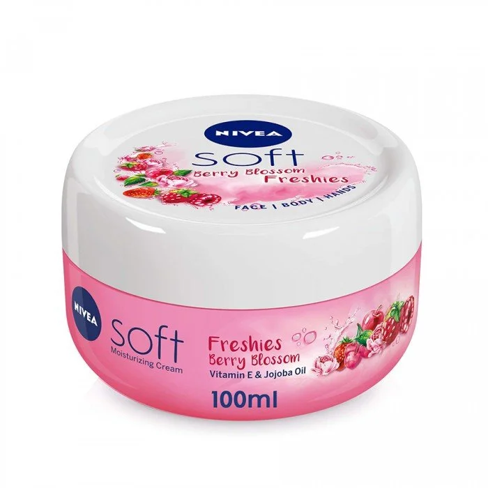 Nivea Soft Freshies Moisturizing Cream Berry Blossom 100mlWith a bright and vivid scent of Fresh Berries.Caring Formula enriched with Vitamin E and Jojoba Oil to keep your skin moisturized every day.Absorbs Quickly in | Veela Beauty Nivea Soft Freshies Moisturizing Cream Berry Blossom