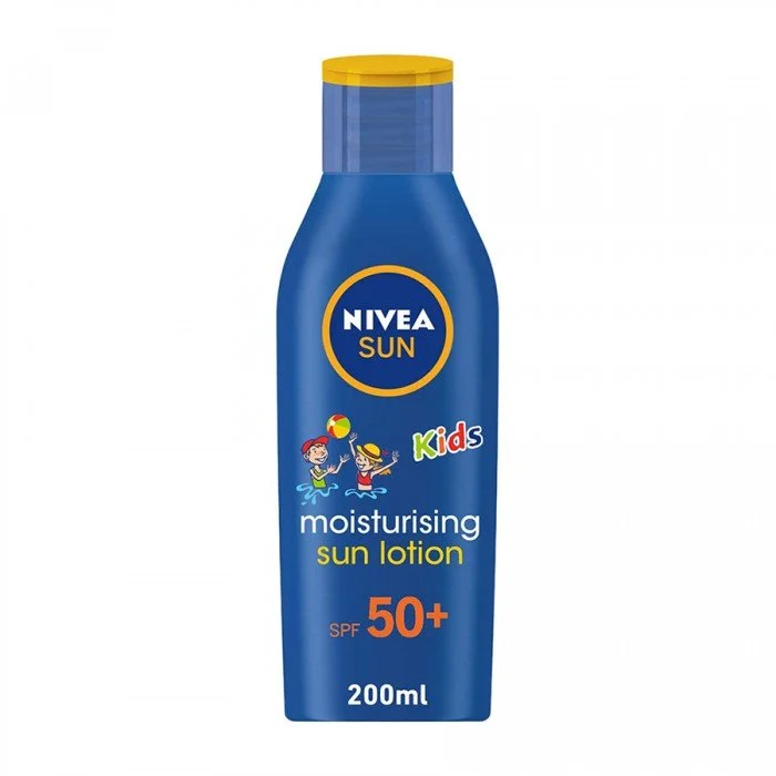 Nivea Sun Lotion Kids Moisturizing SPF 50+ 200ml.Formula specially for kid’s delicate skin.Helps reduce risk of sun allergies and long term UV-induced skin damage.Extra water resistant formula.Developed with Clothing | Veela Beauty Nivea Sun Lotion Kids Moisturizing SPF 50+ 200ml |
