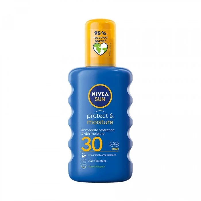 نيفيا صن بروتكت آند مويستشر صن سبراي SPF30 200 مل.حماية موثوقة وحماية فورية ضد أشعة UVA و UVB وحروق الشمس وشيخوخة الجلد المبكرة بينما تكون التركيبة مقاومة للماء.يرطب البشرة ويمنعها من فقدان الرطوبة بالإضافة إلى ترطيبها | فييلا بيوتي نيفيا صن بروتكت آند مويستشر صن