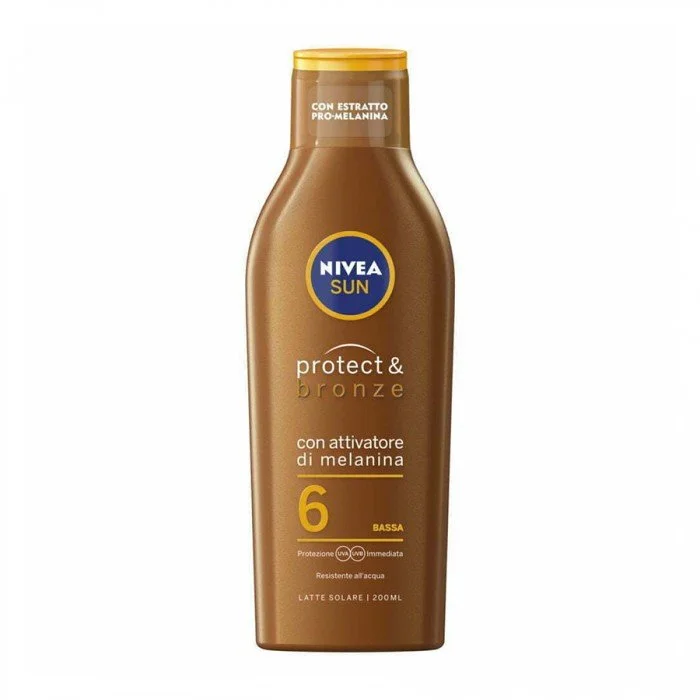 Nivea Sun Solare Latte Protect & Bronze FP6 200ml.The tanning sunscreen contains natural Pro-Melanin extract, gives a golden and uniform tan, without self-tannersThe formula of the spray moisturizing sunscreen is light | Veela Beauty Nivea Sun Solare Latte Protect & Bronze FP6 200ml |