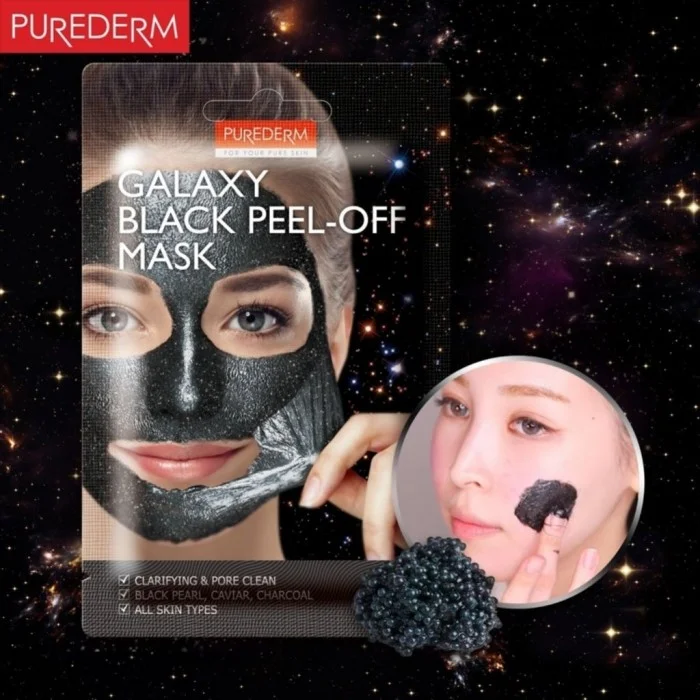 Purederm Galaxy Black Peel-off Mask يقشر بلطف الشوائب وخلايا الجلد الميتة بينما ينظف مسحوق الفحم بعمق في المسام للمساعدة على امتصاص التغذية العالية المغذية لمستخلص اللؤلؤة السوداء & amp؛ مستخلص الكافيار ينقي البشرة وينعش | فييلا بيوتي Purederm Galaxy Black Peel-off Mask يقشر بلطف