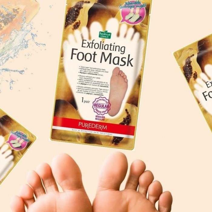 Purederm Exfoliating Foot Mask is a foot exfoliant plus treatment, filled in a pair of mask sheets. It removes all calluses over time, visibly smoothing your feet within 2 weeks Papaya, Lemon, Apple, Orange, and other na | Veela Beauty Purederm Exfoliating Foot Mask is a foot exfoliant plus treatment, filled in a pair of mask sheets Skin Type | Veela Beauty