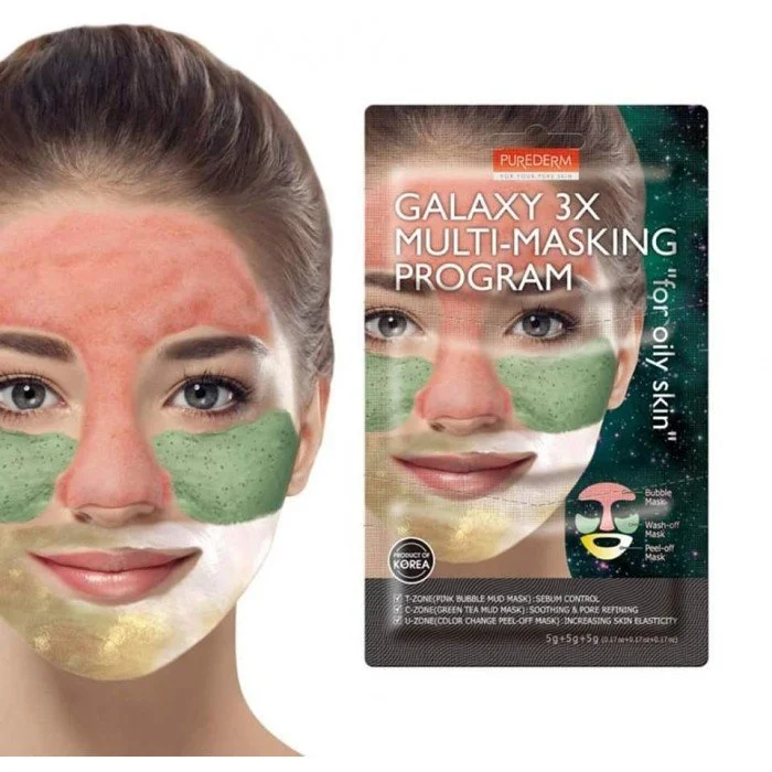 تم تصميم برنامج Purederm Galaxy 3X Multi Masking للبشرة الدهنية لتوفير رعاية مخصصة لكل منطقة من الجلد من خلال التركيز على معاناة البشرة الدهنية. T-Zone هو قناع طين ذو فقاعات وردية يحتوي على كالامين وخلاصة شجرة الشاي لم | فييلا بيوتي تم تصميم برنامج Purederm Galaxy 3X Multi