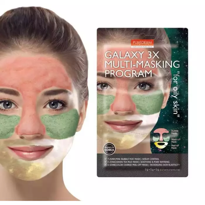 Purederm Galaxy 3X Multi-Masking Program for oily skin is designed to provide customized care for each skin area by focusing on the agony of oily skin. T-Zone is a Pink bubble Mud Mask containing Calamine and Tea Tree | Veela Beauty Purederm Galaxy 3X Multi-Masking Program for oily skin is