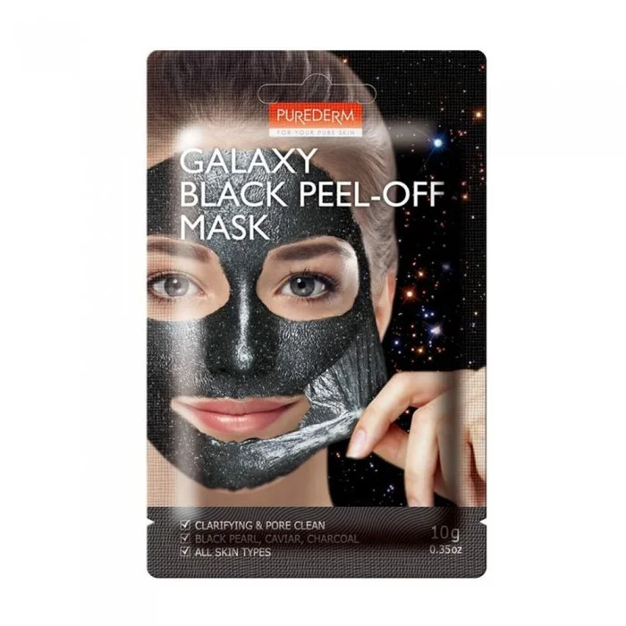 Purederm Galaxy Black Peel-off Mask يقشر بلطف الشوائب وخلايا الجلد الميتة بينما ينظف مسحوق الفحم بعمق في المسام للمساعدة على امتصاص التغذية العالية المغذية لمستخلص اللؤلؤة السوداء & amp؛ مستخلص الكافيار ينقي البشرة وينعش | فييلا بيوتي Purederm Galaxy Black Peel-off Mask يقشر بلطف