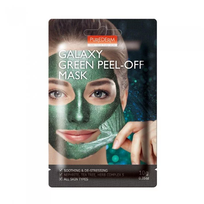 Purederm Galaxy Green Peel-off Mask gently peels away impurities and dead skin cells while Nephrite, Tea Tree Extract, and Herb Complex 5 make you feel comfortable with your skin that is sensitive to the external environ | Veela Beauty Purederm Galaxy Green Peel-off Mask gently peels away