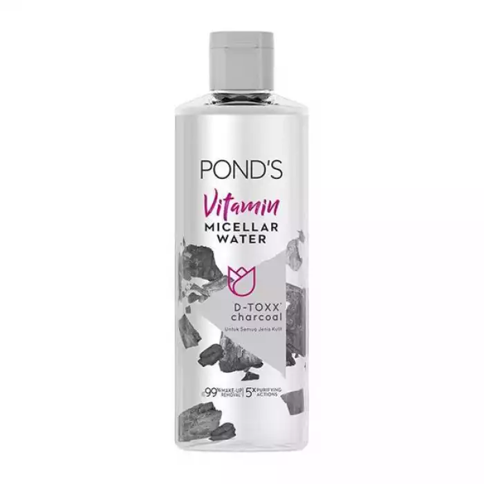 Ponds vitamin micellar water is a refreshing cocktail of micellar water, 5 essential vitamins (vitamin A, B3, B5, C, E), and activated charcoal + bamboo charcoal to deep cleanse away makeup, dirt, impurities, sunscreen. | Veela Beauty Ponds vitamin micellar water is a refreshing cocktail of
