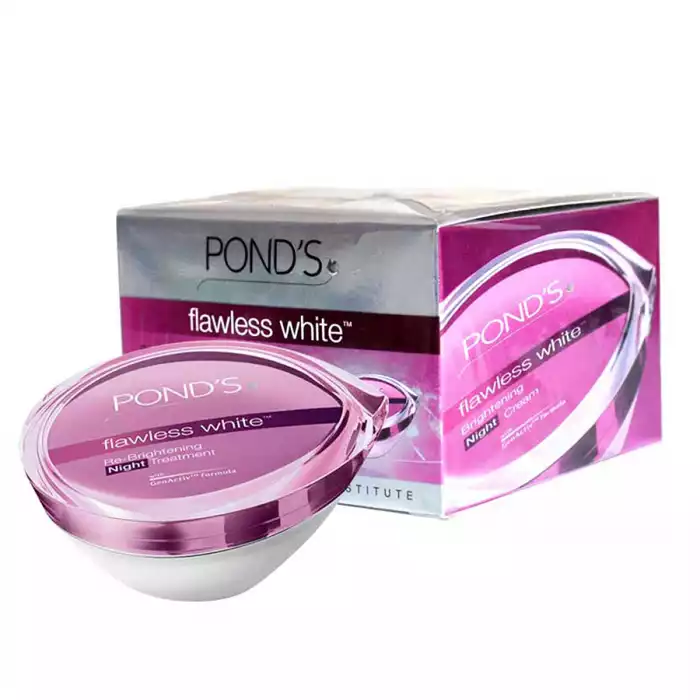 Ponds Flawless White re-brightening night treatment with VAO-B3 complex fades away dark spots and blemishes. Extra nourishing, with new VAO-B3 complex, revitalising night cream helps repair daily skin damage and activel | Veela Beauty Ponds Flawless White re-brightening night treatment with