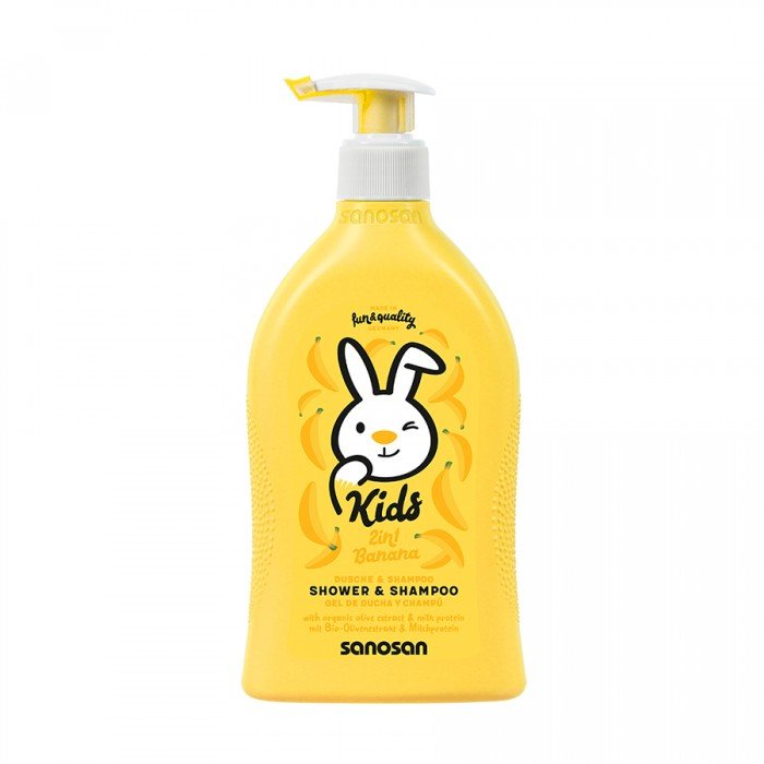 Sanosan kids shower & shampoo With Banana Scent 400ml. Paraben free. Silicone free. Enriched with olive oil. Fantastic banana fragrance and proven quality. Fun & quality with sanosan Shower & Shampoo banana. Kids and mum | Veela Beauty Sanosan kids shower & shampoo With Banana Scent 400ml New Mums | Veela Beauty
