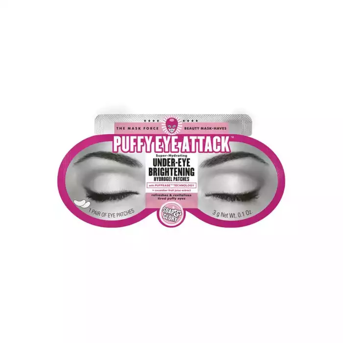 Soap & Glory Puffy Eye Attack™ Under-Eye Brightening Hydrogel Patches Our under-eye masks revitalize tired puffy eyes Say goodbye to puffy, tired eyes with our dreamy under-eye patches. With PUFFEASE™ technology (a trip | Veela Beauty | فييلا بيوتي