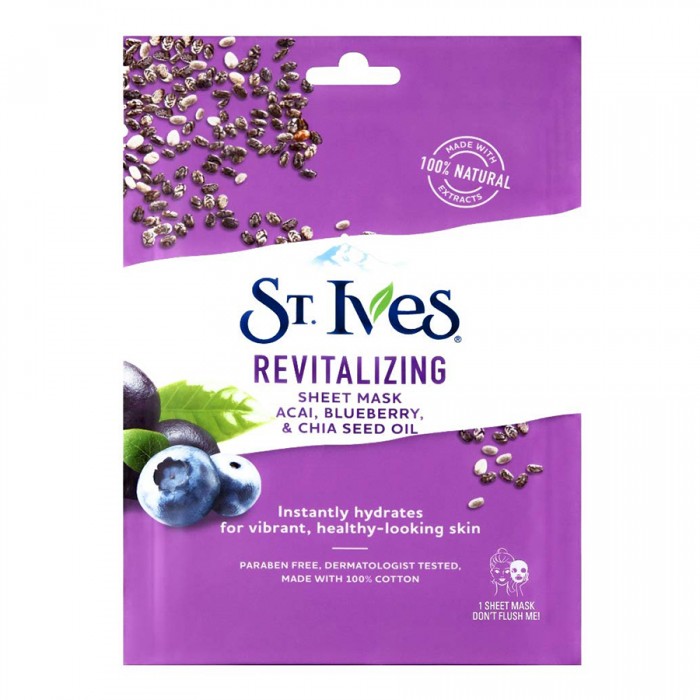 St. Ives Acai, Blueberry & Chia Seed Oil Sheet mask instantly hydrates for vibrant, healthy-looking skin
Made with 100% natural extracts like acai, blueberry, and chia seed oil extract, this sheet mask revitalizes tired | Veela Beauty St | فييلا بيوتي