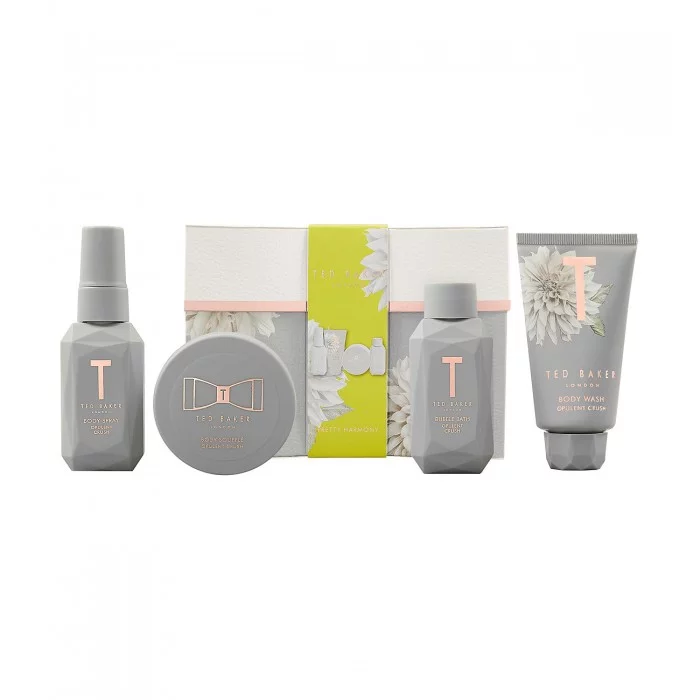 Ted Baker Pretty Harmony Set. Unwind with this splendid set of Pretty Harmony minis, including Body Wash, Body Soufflé, Bubble Bath, and Body Spray. This gift indulgently blends notes of juicy green apple and delicate w | Veela Beauty Ted Baker Pretty Harmony Set | فييلا بيوتي