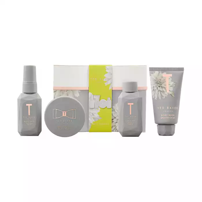 Ted Baker Pretty Harmony Set. Unwind with this splendid set of Pretty Harmony minis, including Body Wash, Body Soufflé, Bubble Bath, and Body Spray. This gift indulgently blends notes of juicy green apple and delicate w | Veela Beauty Ted Baker Pretty Harmony Set | فييلا بيوتي