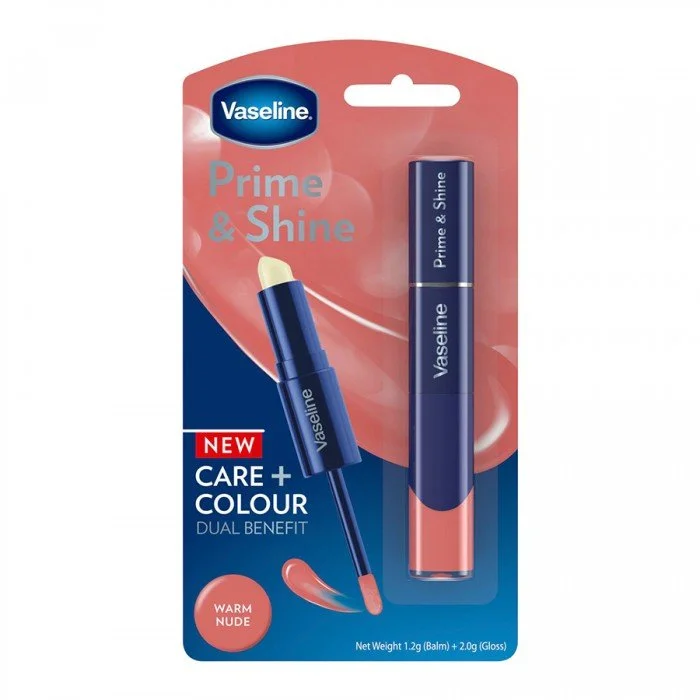 Vaseline Prime & Shine 2-in-1 Lip Balm and Coloured Gloss Warm Nude. Prime your lips with the Vaseline Jelly Balm, which nourishes and protects leaving them feeling soft and smooth. Make your lips pop with the Coloured | Veela Beauty Vaseline Prime & Shine 2-in-1 Lip Balm and Coloured Gloss