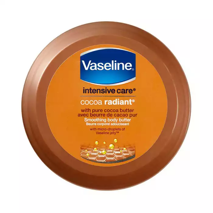 Vaseline Cocoa Radiant Total Moisture Body Butter.
Highly Moisturizing Smoothing Body Butter.
With Pure Cocoa Butter.
Also contains Shea. | Veela Beauty Vaseline Cocoa Radiant Total Moisture Body Butter |