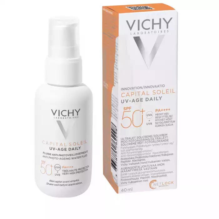 كريم فيشي كابيتال سولي للعناية اليومية بمعامل حماية من أشعة الشمس SPF50 + 40 ملحماية فائقة SPF 50+ UVA PF 46 من الأشعة فوق البنفسجية والتلوث.يستهدف علامات الشيخوخة الموجودة بما في ذلك الجفاف والبشرة الباهتة.يساعد على | فييلا بيوتي كريم فيشي كابيتال سولي للعناية